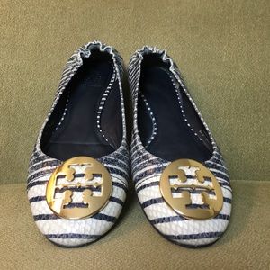 TORY BURCH Navy & White Reptile Flats Size: 7 1/2M